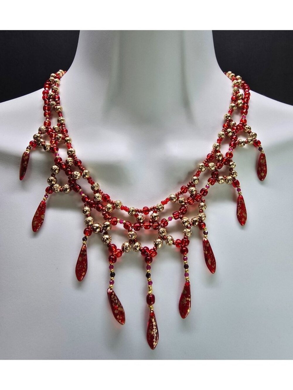 18k Gold Plated Handcrafted Lava Inspired Gold Ruby Garnet Chandelier Necklace